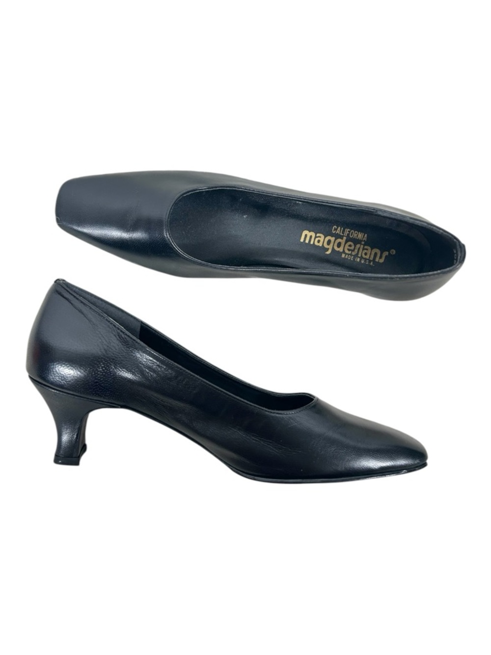 California Magdesians Vintage Black Leather Square Toe Kitten Heels